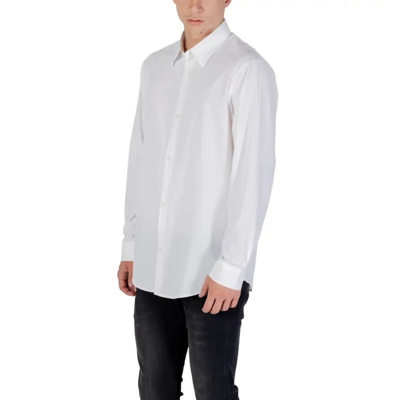 Armani Exchange classic white long sleeve men’s shirt with a crisp button-down front and neatly folded cuffs