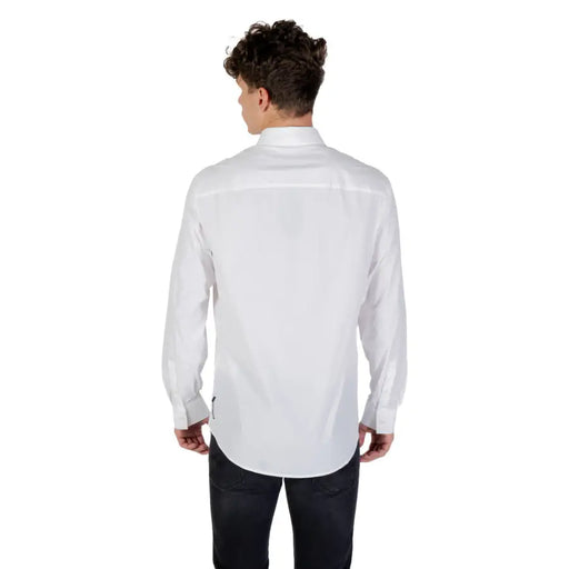 Armani Exchange Classic White Long Sleeve Men’s Shirt with curved hem and button-up design