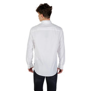 A crisp white Armani Exchange classic long sleeve men’s dress shirt with a tailored fit and classic collar