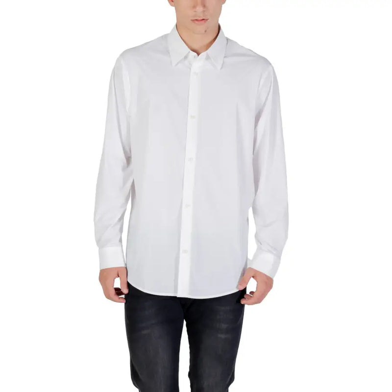 Armani Exchange classic white long-sleeve men’s shirt displayed for sale