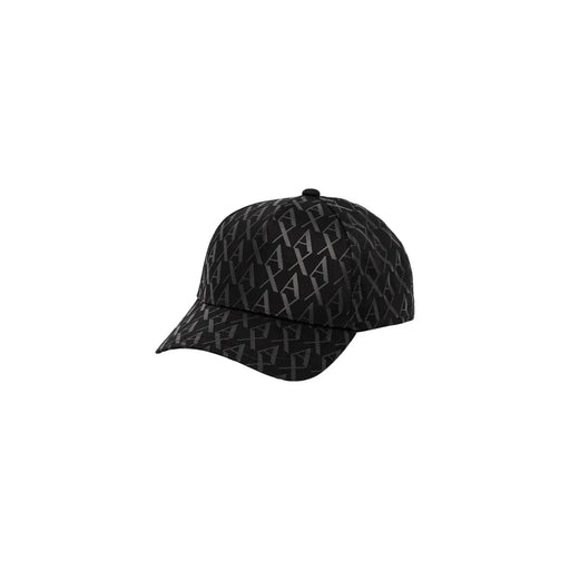 Armani Exchange cotton cap for men in black with repeating monogram pattern in lighter shade, front view