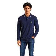 Armani Exchange cotton polo for men in navy blue with white and purple collar trim, front view