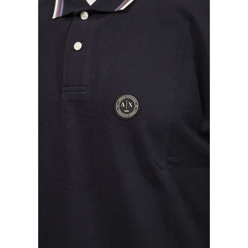 Armani Exchange cotton polo for men in dark navy blue with circular logo patch and striped collar trim front view