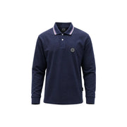 Armani Exchange cotton polo for men in navy blue with striped collar and circular chest logo, front view