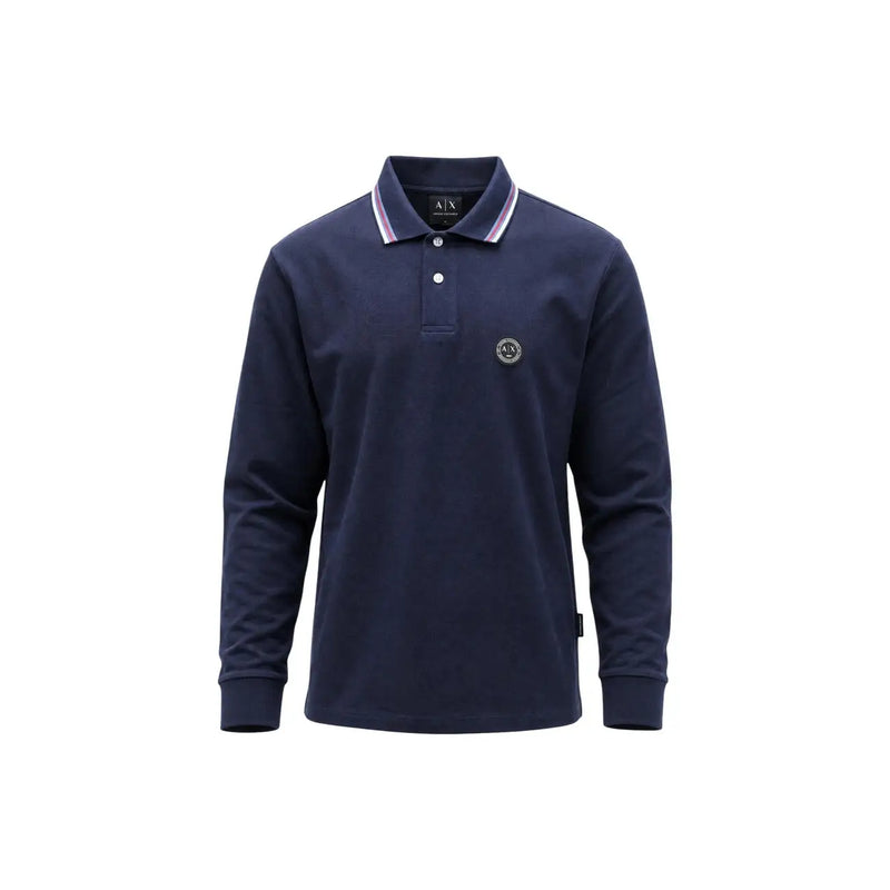 Armani Exchange cotton polo for men in navy blue with striped collar and circular chest logo, front view