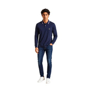 Armani Exchange cotton polo for men in navy blue with white and gray collar trim and circular logo, front view