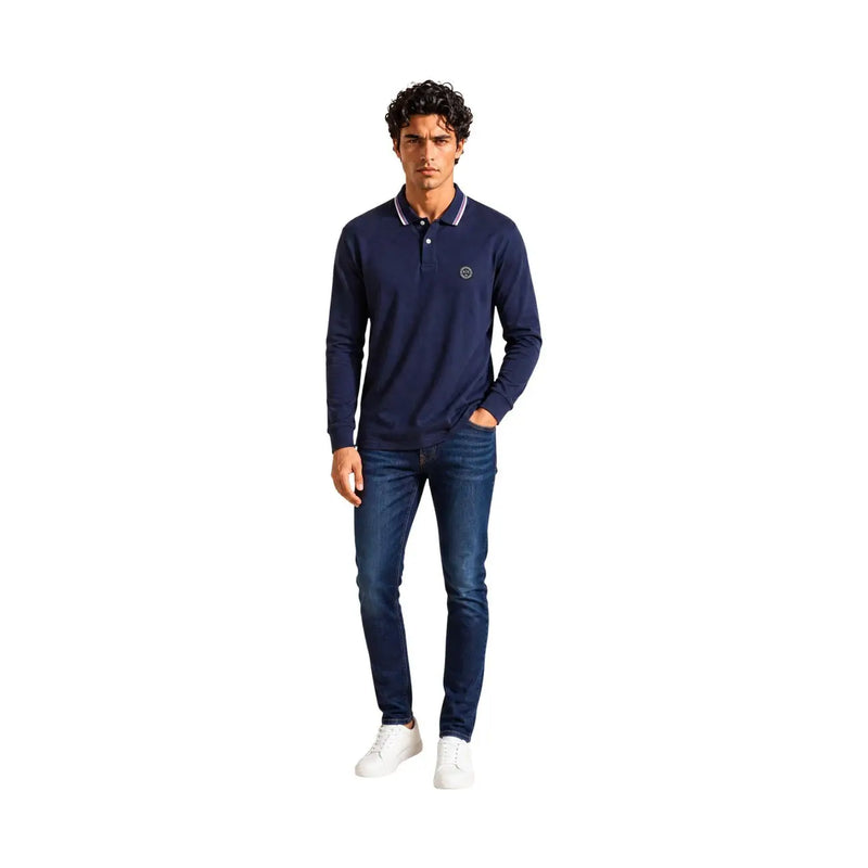 Armani Exchange cotton polo for men in navy blue with white and gray collar trim and circular logo, front view