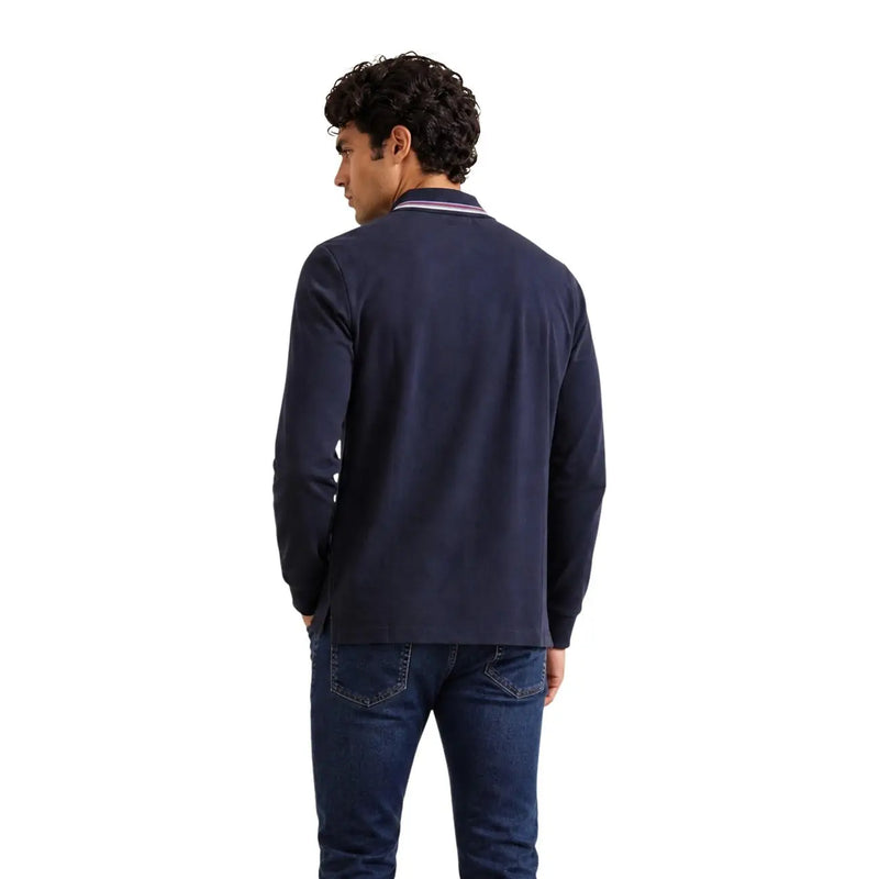 Armani Exchange cotton polo for men in navy blue with striped collar and long sleeves, front view