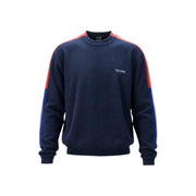Armani Exchange cotton sweater for men in navy blue with red and royal blue striped sleeves, front view