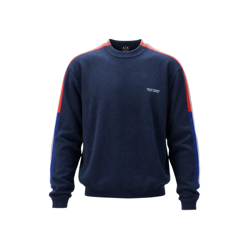 Armani Exchange cotton sweater for men in navy blue with red and royal blue striped sleeves, front view