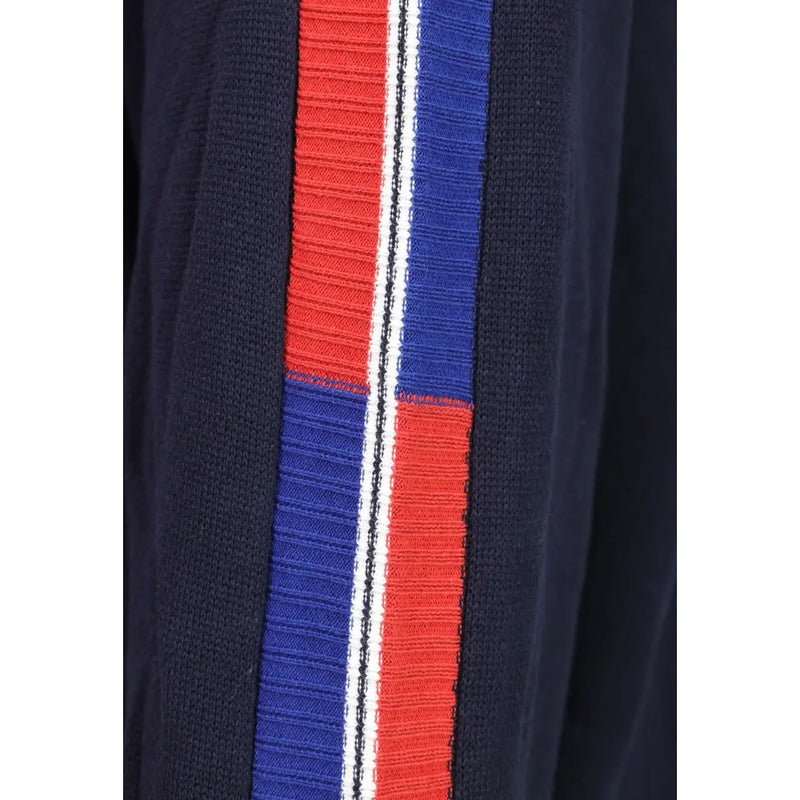 Armani Exchange cotton sweater for men in navy blue knit with bold red and royal blue vertical stripes front view