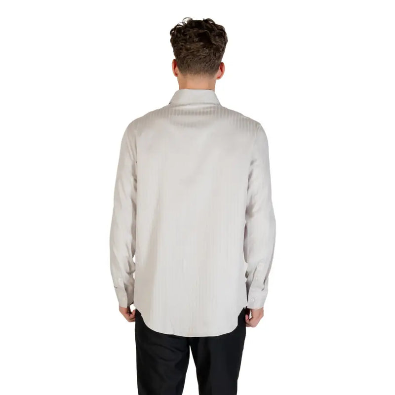 Armani Exchange grey striped long sleeve cotton shirt featuring a crisp light gray fabric with subtle vertical pinstripes