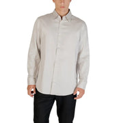 Armani Exchange grey striped long sleeve cotton shirt with subtle vertical pleating on chest and sleeves