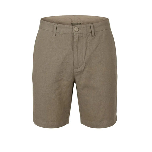 Armani Exchange linen shorts for men in khaki with button closure and belt loops, front view