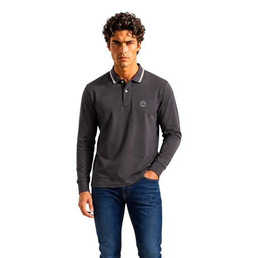 Armani Exchange long sleeve polo for men in dark gray with white collar trim and logo embroidery front view