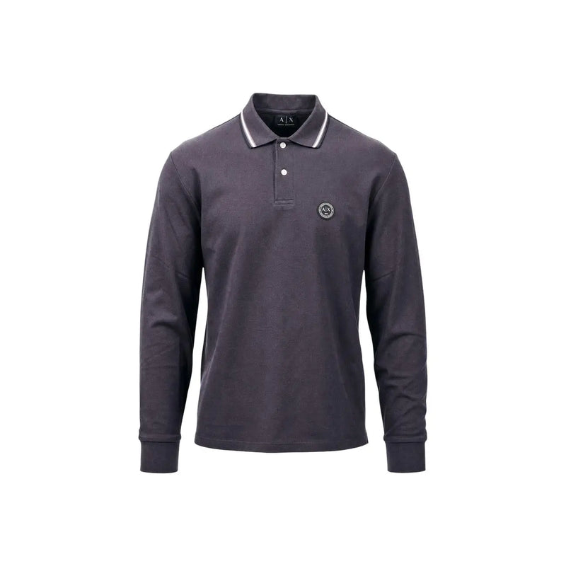 Armani Exchange Langarm-Polohemd für Herren in Dunkelgrau mit weißem Kragenbesatz und gesticktem Logo, Vorderansicht