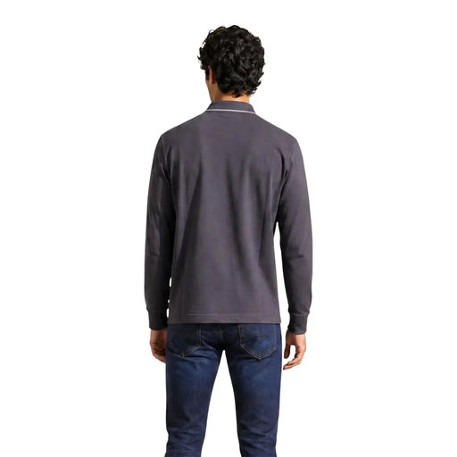 Armani Exchange long sleeve polo for men in dark gray with white collar trim, front view