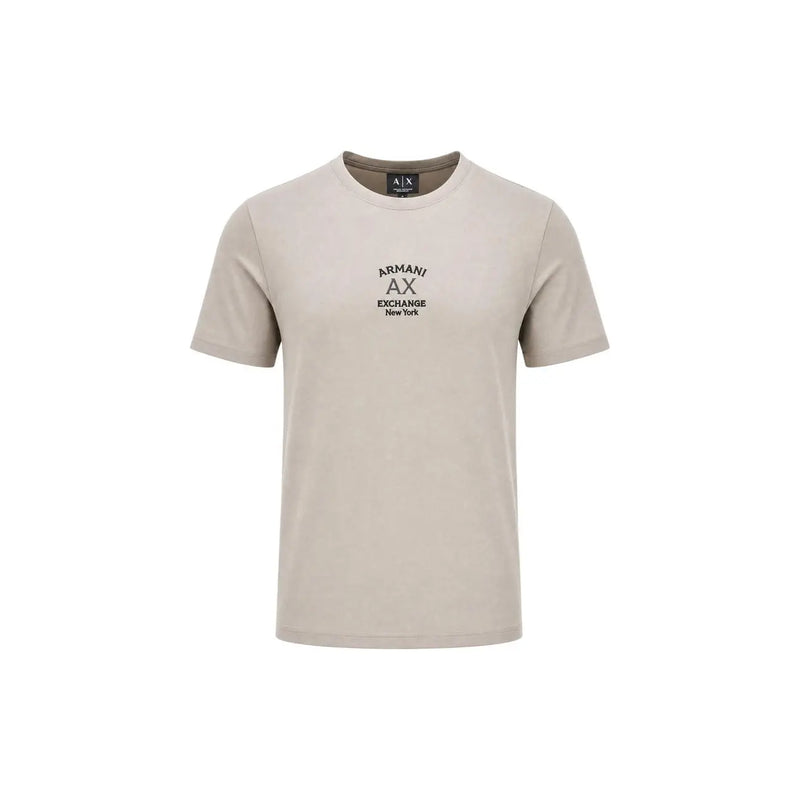 Beige Armani Exchange men short-sleeve cotton t-shirt with round neck and black embroidered logo tag on front