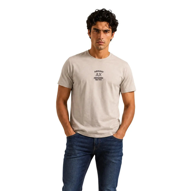 Beige Armani Exchange men cotton t shirt with round neck and black logo on the chest