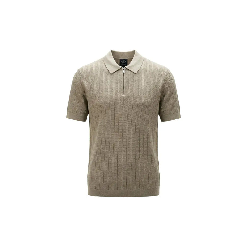 Armani Exchange men beige zip cotton polo shirt with ribbed knit, collar, and half-zip front design