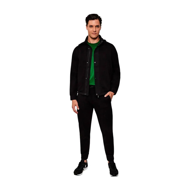 Black hooded jacket with button closures and green inner lining complementing Armani Exchange men black cotton blend turtleneck sweatshirt