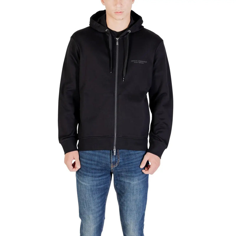 Armani Exchange Schwarzer Herren-Hoodie aus Baumwolle mit Reißverschluss und dezentem, gesticktem Logo auf der Brust