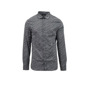 Armani Exchange men black cotton lycra shirt with dark gray geometric pattern long sleeves classic collar front placket