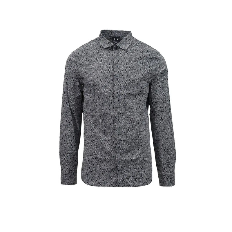 Armani Exchange men black cotton lycra shirt with dark gray geometric pattern long sleeves classic collar front placket