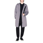 Gray hooded trench coat with sleek modern design and subtle stitching paired with Armani Exchange black cotton print sweatshirt