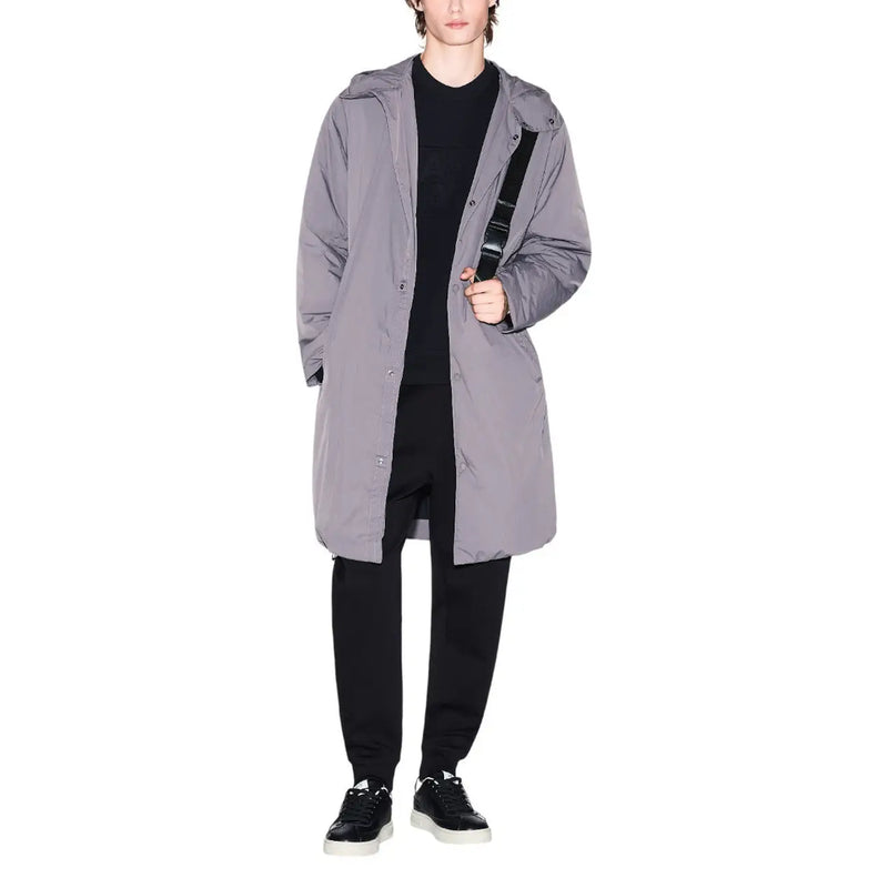 Gray hooded trench coat with sleek modern design and subtle stitching paired with Armani Exchange black cotton print sweatshirt