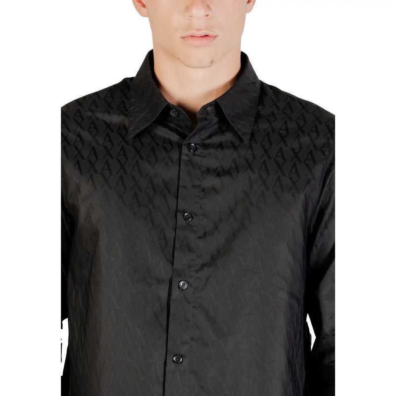Armani Exchange Schwarzes Herren-Baumwollhemd in klassischer Passform mit dezentem geometrischem Muster auf dem Stoff
