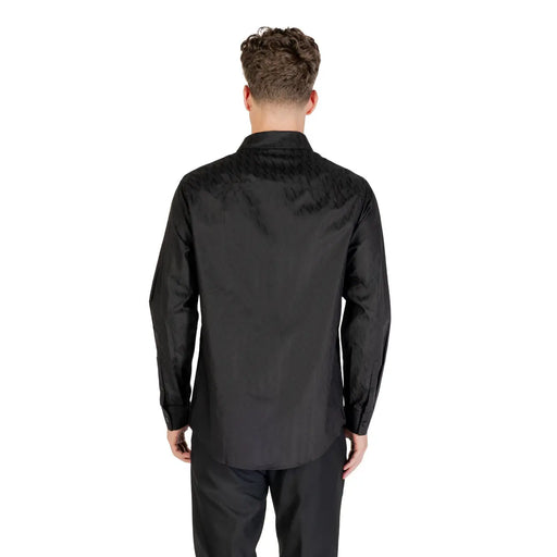 Armani Exchange men black cotton button-up shirt classic fit showing back with subtle textured pattern on shoulders and back