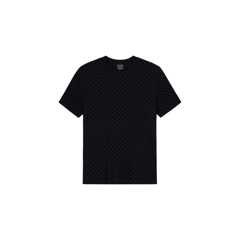Armani Exchange men black cotton t shirt with a subtle repeating pattern of the brand’s logo on the front