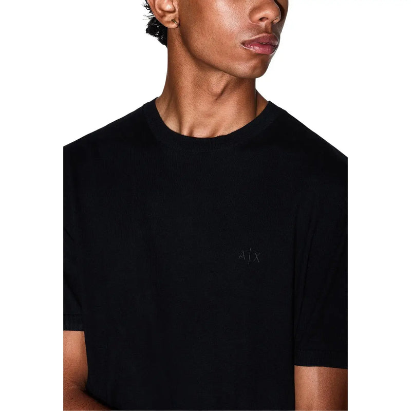 Armani Exchange men black cotton t shirt with short sleeves and subtle embroidered logo on the chest