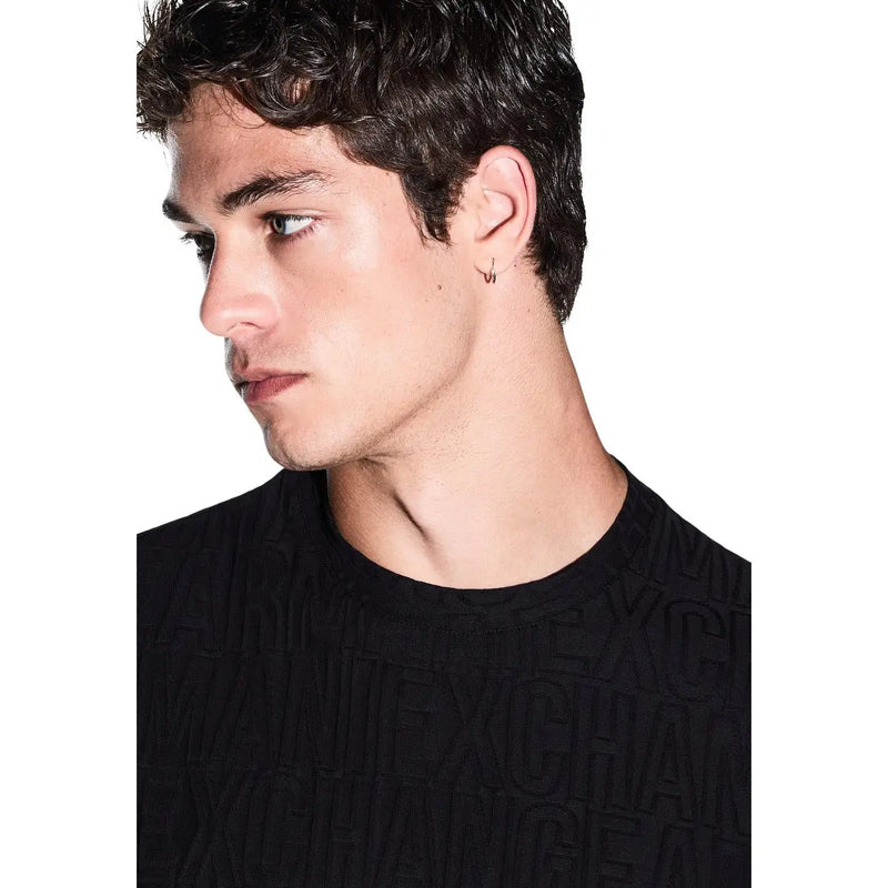 Armani Exchange men black cotton t shirt with embossed exchange lettering and textured fabric design