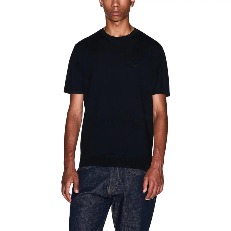 Armani Exchange men black cotton crewneck t shirt with subtle embroidered logo on the left chest