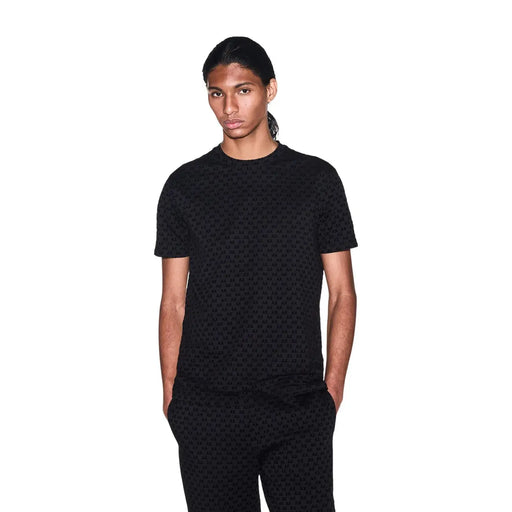 Armani Exchange men black cotton t shirt with a subtle repeating pattern of small logos across the fabric