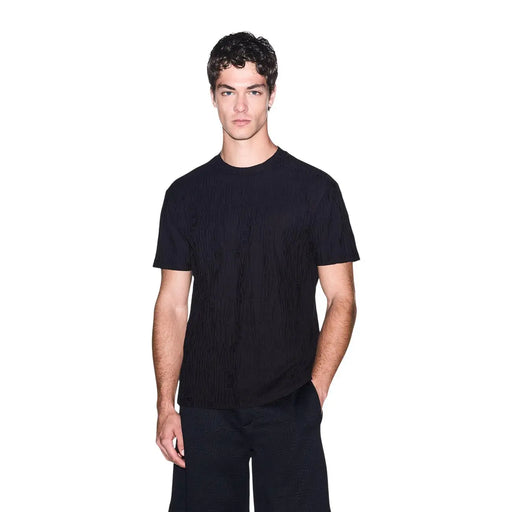 Armani Exchange men black cotton t shirt with subtle ribbed pattern and short sleeves for casual wear