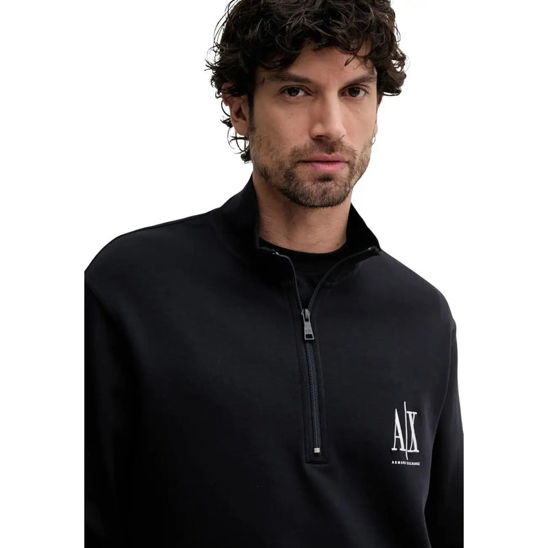 Armani Exchange Schwarzer Herren-Sweatshirt aus Baumwolle mit halbem Reißverschluss, weißem Logo auf der Brust und Rollkragen