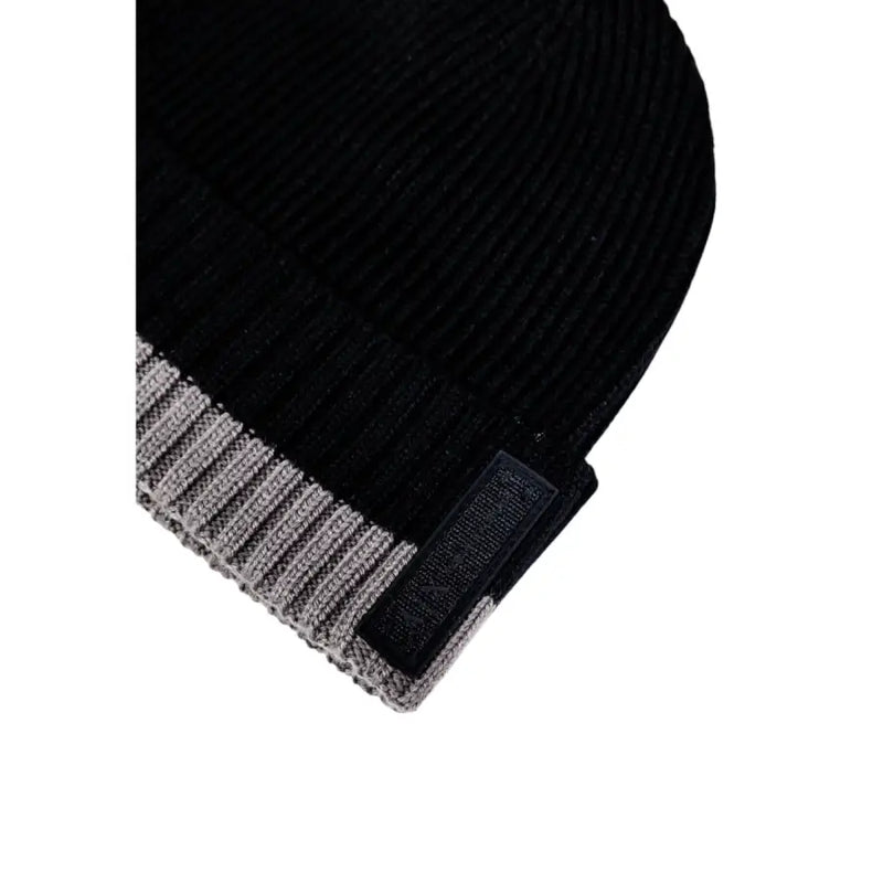 Armani Exchange men black and grey ribbed knit beanie cap with a contrasting grey cuff and woven label