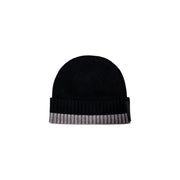Armani Exchange men black and grey ribbed knit beanie cap with folded cuff featuring alternating stripes