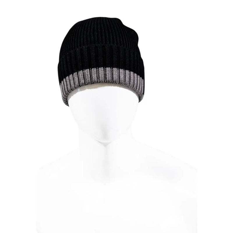 Armani Exchange men black and grey ribbed knit beanie cap with contrasting striped cuff for casual wear