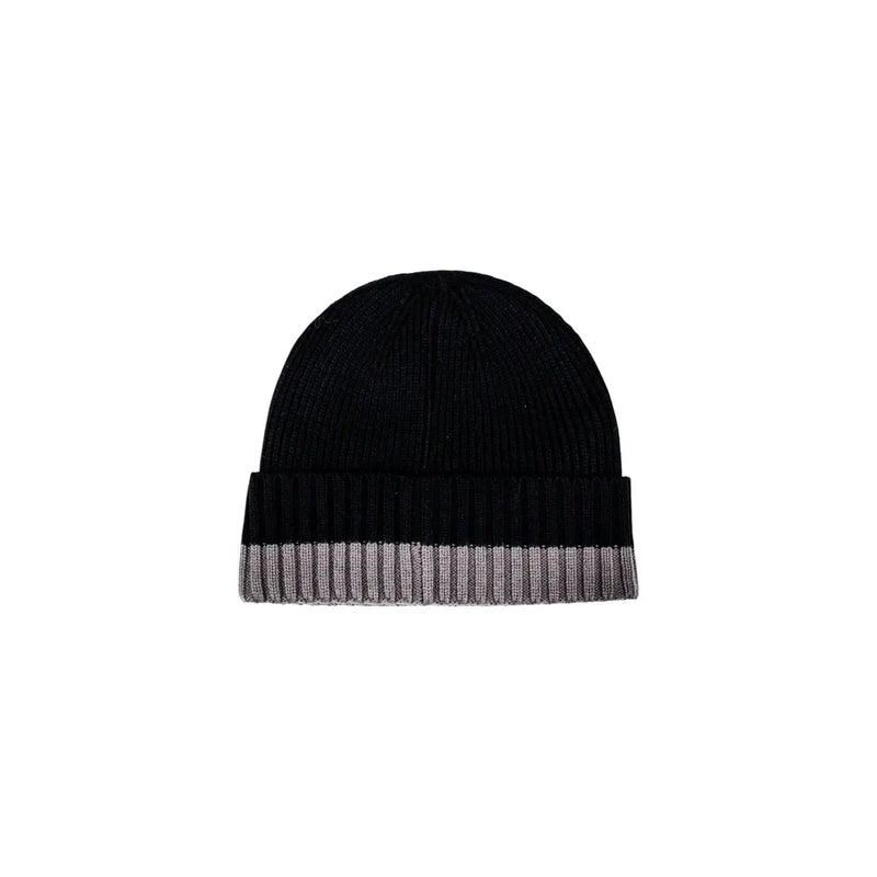 Armani Exchange men black and grey ribbed knit beanie cap with folded cuff and horizontal grey stripes
