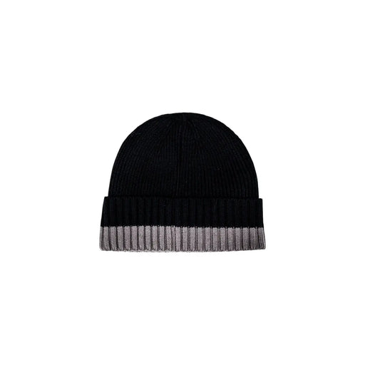 Armani Exchange men black and grey ribbed knit beanie cap with folded cuff and horizontal grey stripes
