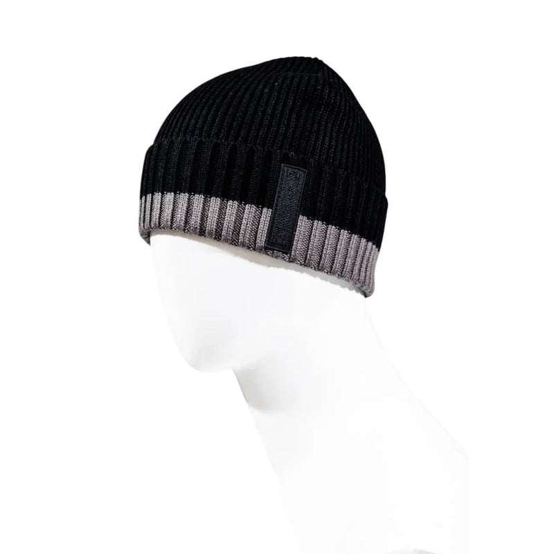 Armani Exchange men black and grey ribbed knit beanie cap with striped cuff and black rectangular patch on the side