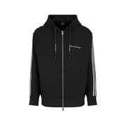 Armani Exchange Schwarzer Herren-Kapuzenpullover mit Reißverschluss, weißen Ärmelstreifen und dezentem, gesticktem Logo auf der Brust