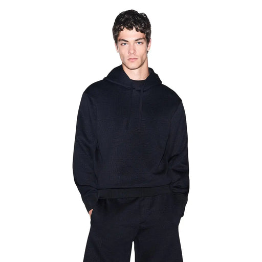 Armani Exchange men black polyester hoodie with textured knit fabric ribbed pattern and drawstring hood