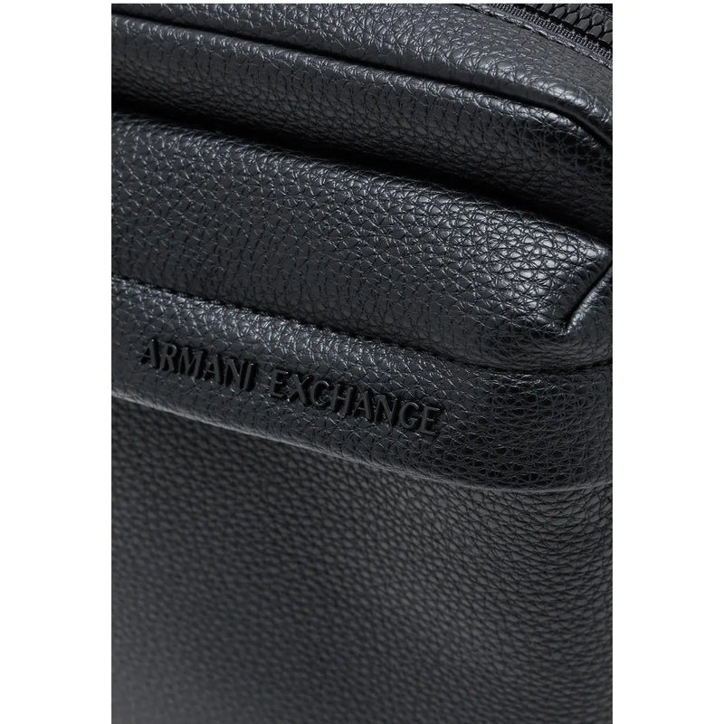 Armani Exchange men black textured leather crossbody bag with embossed logo and zip pockets w16cm