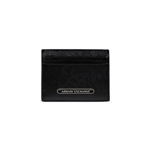 Black Armani Exchange men wallet card holder made of textured leather with a silver logo plaque