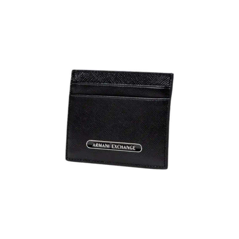 Black leather card holder with silver Armani Exchange emblem for men’s wallet collection